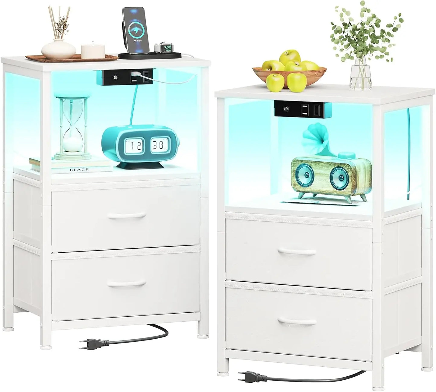 Nightstand Set of 2 with Charger Station \u2014 USB Ports & Outlet, Bed Side Table with LED Lights, End Table with Fabric Drawer
