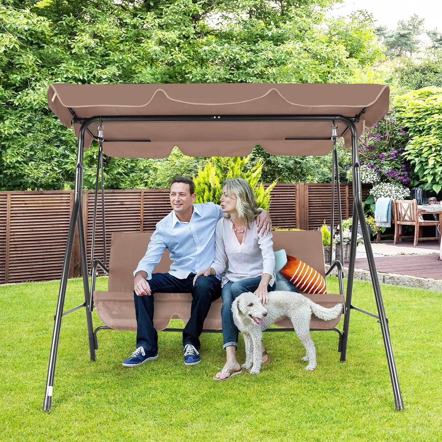 3-Seat Patio Swing Chair, Outdoor Porch Swing with Adjustable Canopy and Durable Steel Frame for Patio, Garden, Poolside(Nevy Bl
