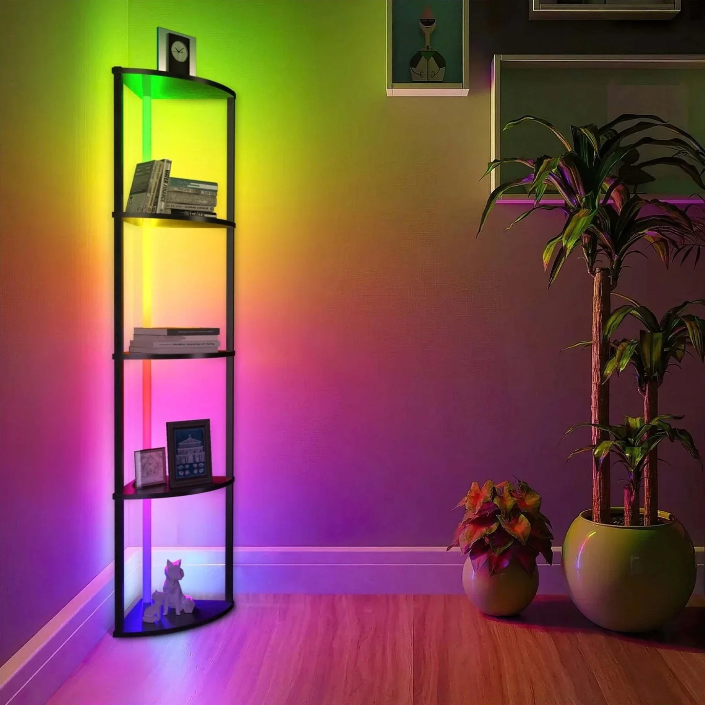 Corner Shelf Bookshelf with RGB LED Lights 5 Tier Corner Bookshelf Organizer 64 Inch Corner Cabinet Wood Display Shelf