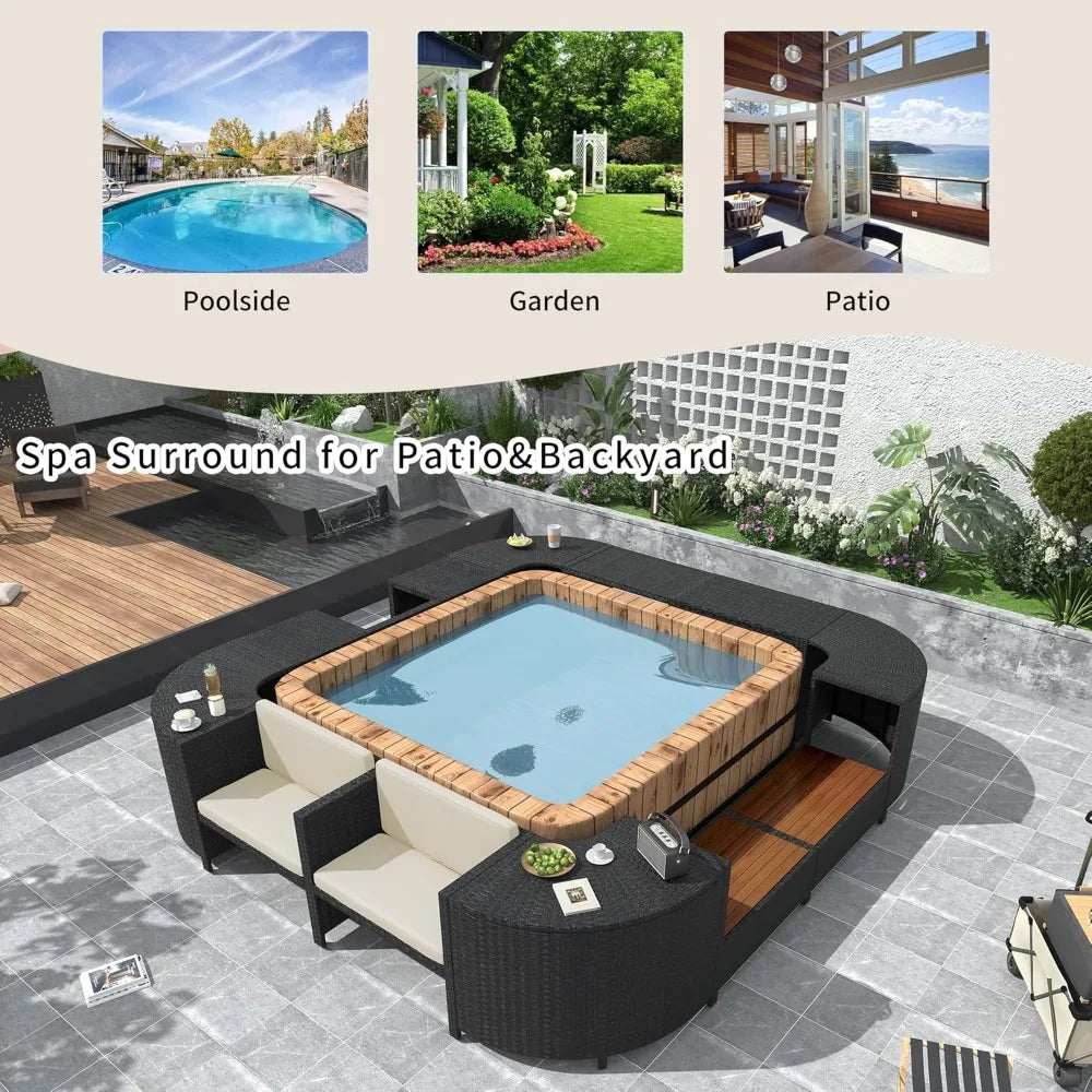 Patio Furniture Set, Spa Surround Outdoor Rattan Sofa Set with Wooden Seats and Storage Spaces, Quadrilateral Patio Sofa Set wit