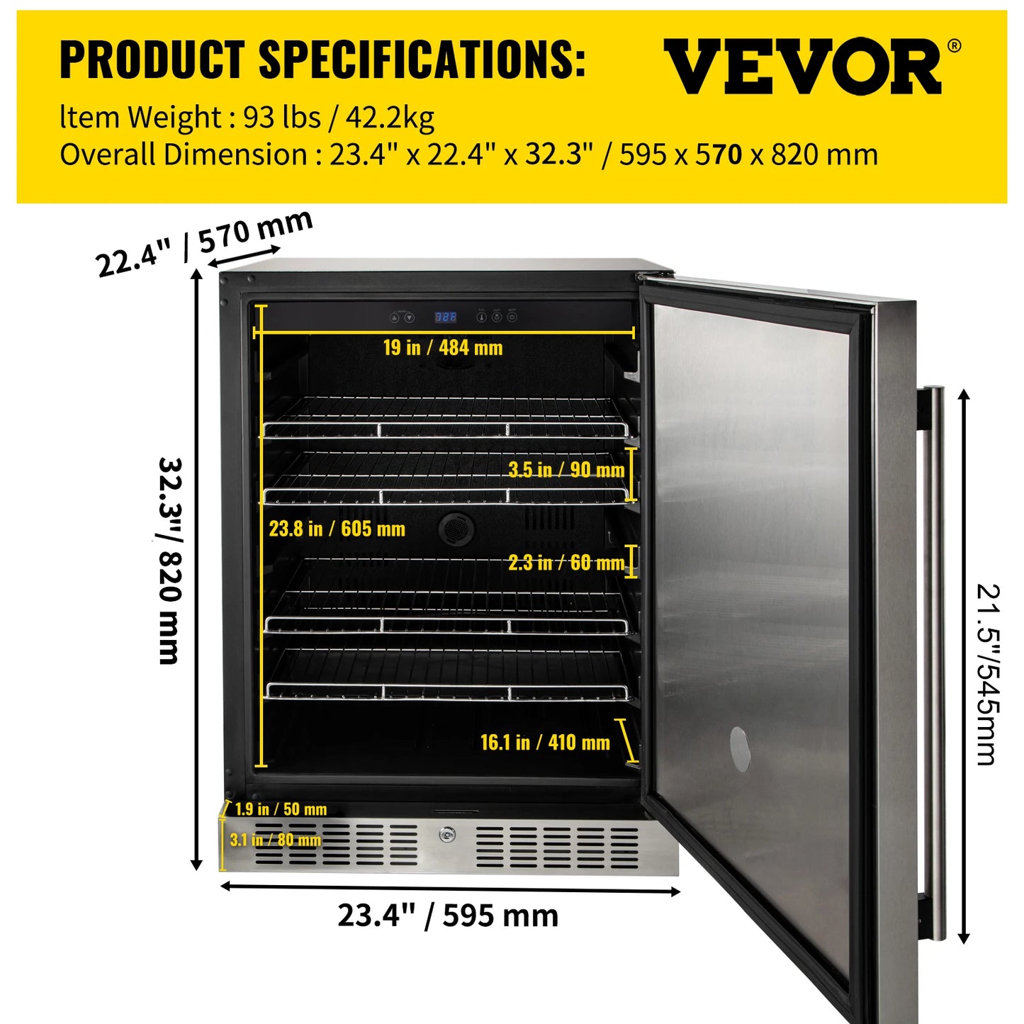 VEVOR 150L Refrigerator Built-in Under Counter 5.3 cu.ft. Stainless Steel Beverage Cooler for Restaurant Bar Cafe Cooling Drink