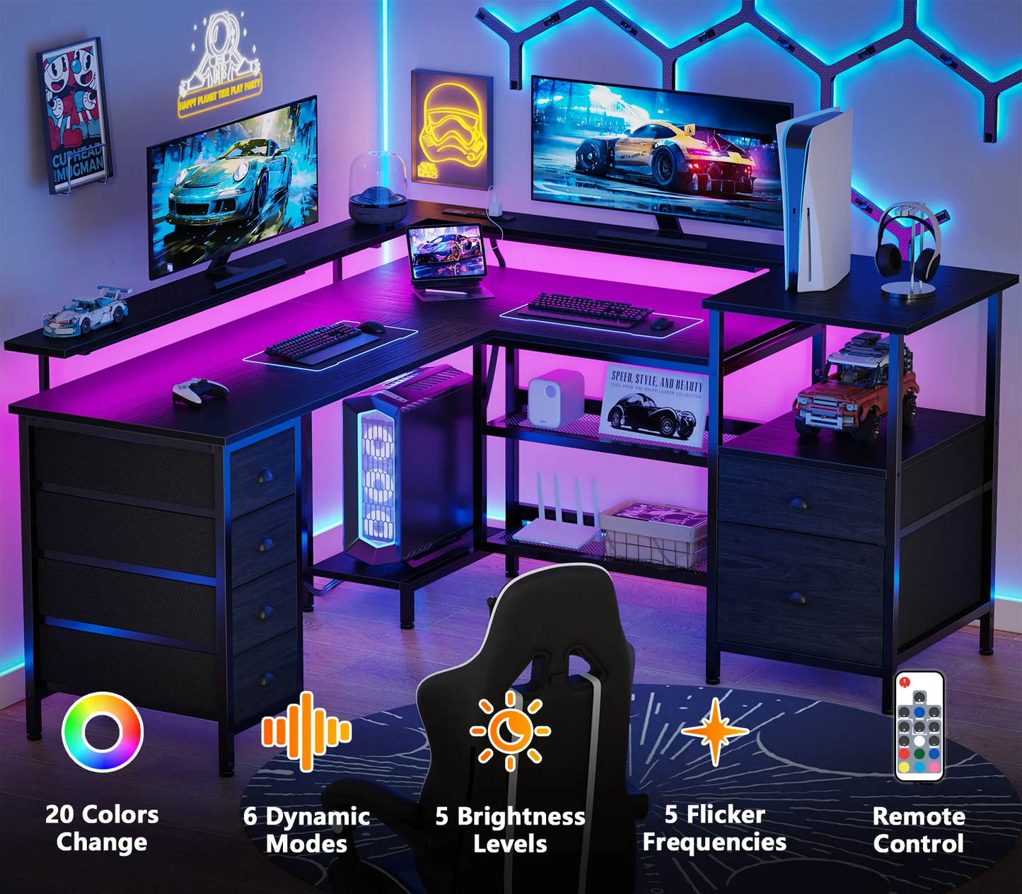 Satifur 67 inch Office Desk With Power Sockets and LED Lights, 2 Monitor Stands and 6 Adjustable Storage Drawers, Gaming Desk