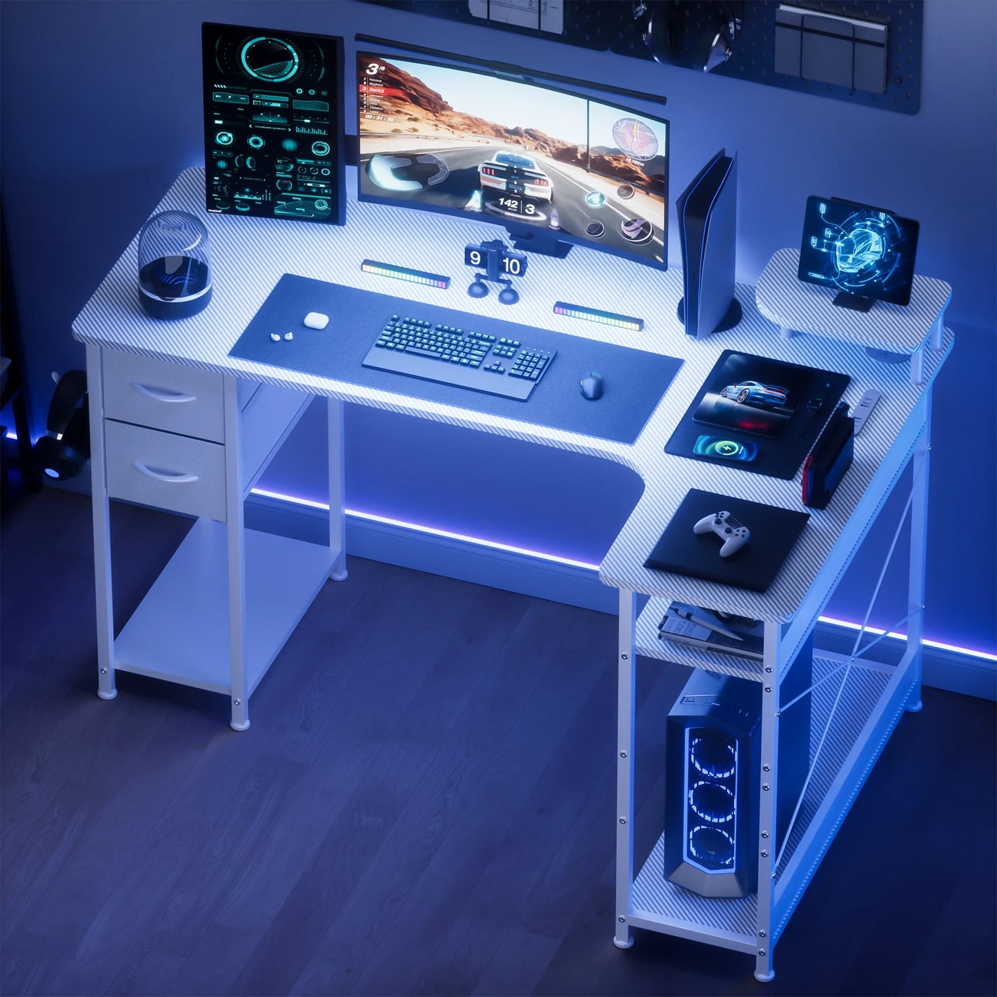 L-Shape Gaming Desk with Drawers, Carbon Fiber Computer Desk with Monitor Arm, Gaming Desk for Home Office Desks