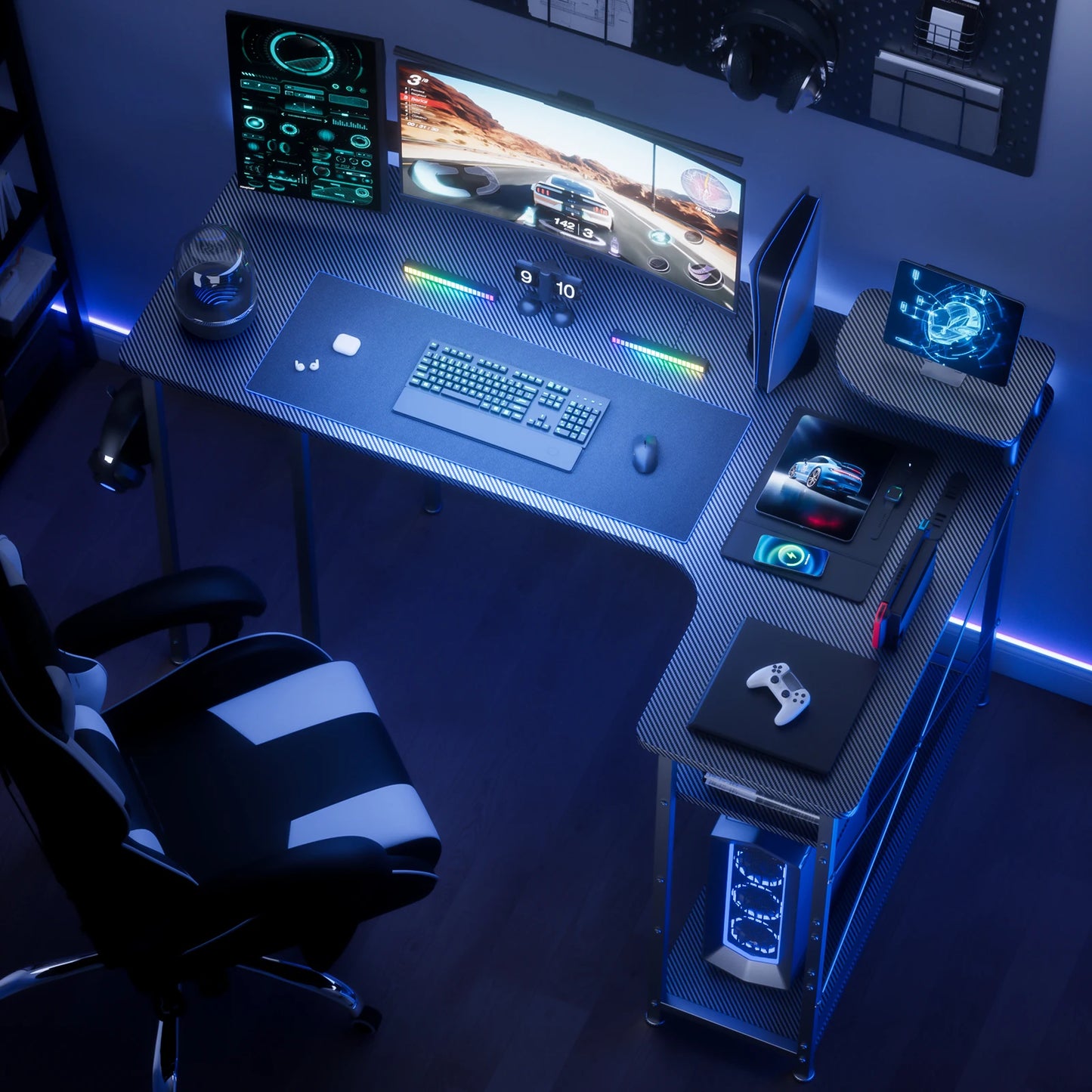 L-Shape Gaming Desk with Drawers, Carbon Fiber Computer Desk with Monitor Arm, Gaming Desk for Home Office Desks