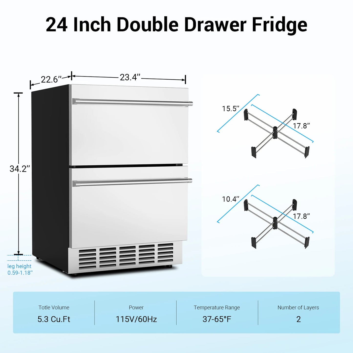 24 Inch under Counter Beverage Refrigerator Outdoor Drawer Fridge Stainless Steel Temperature Control for Home Outdoor Use