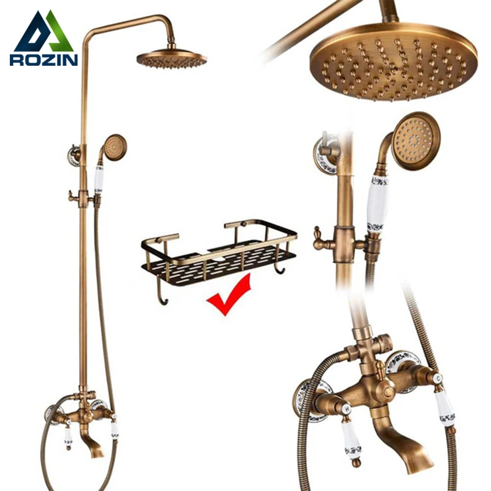 Rozin Antique Brass Shower Faucet Set Bathroom Shower Column with Shelf Rainfall Mixer Tap Handheld Shower Faucet