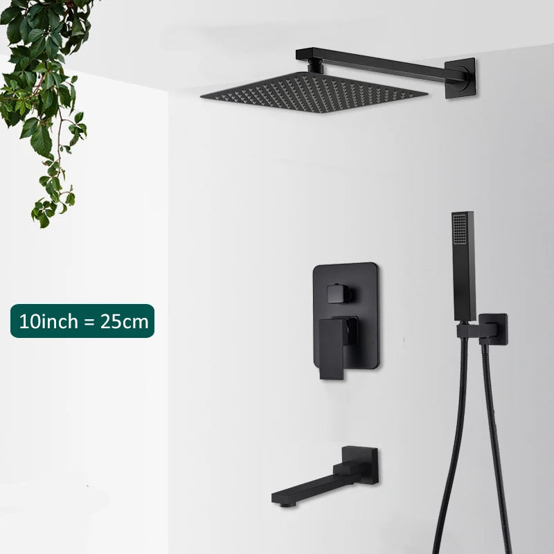 Black Concealed Shower System Rain Waterfall Bathroom Faucet Set with Tub Spout
