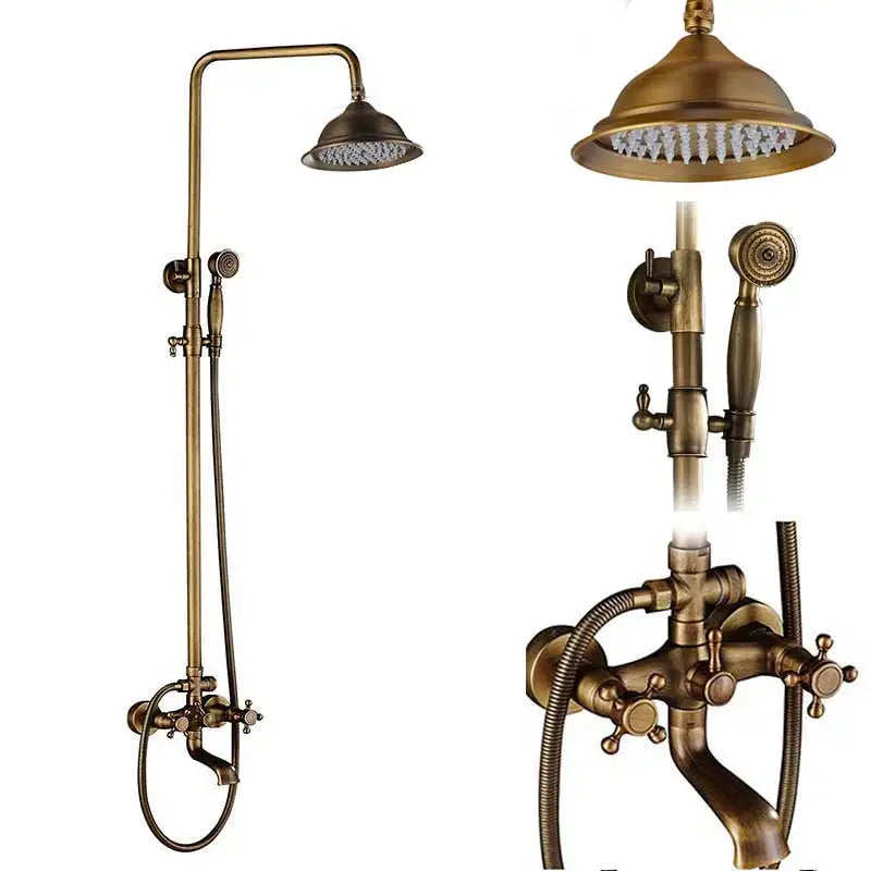 Rozin Antique Brass Shower Faucet Set Bathroom Shower Column with Shelf Rainfall Mixer Tap Handheld Shower Faucet