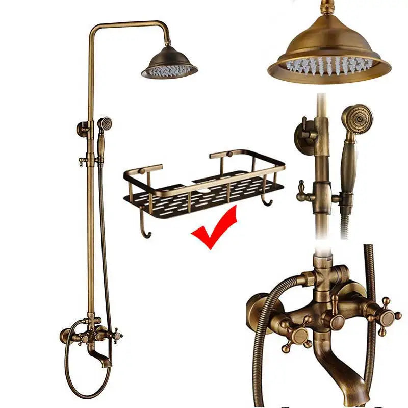 Rozin Antique Brass Shower Faucet Set Bathroom Shower Column with Shelf Rainfall Mixer Tap Handheld Shower Faucet