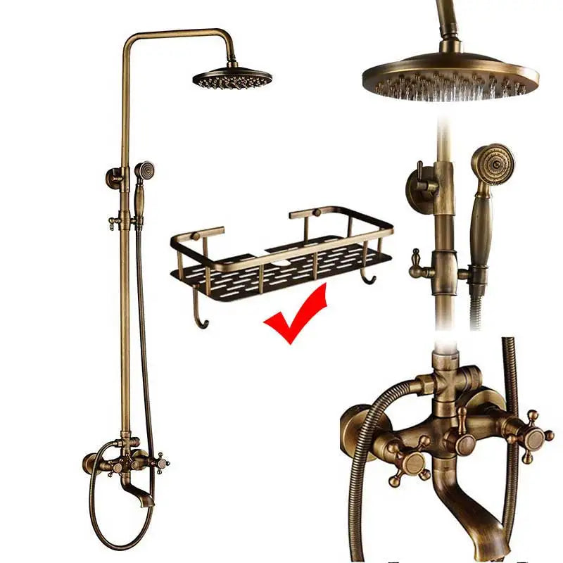 Rozin Antique Brass Shower Faucet Set Bathroom Shower Column with Shelf Rainfall Mixer Tap Handheld Shower Faucet