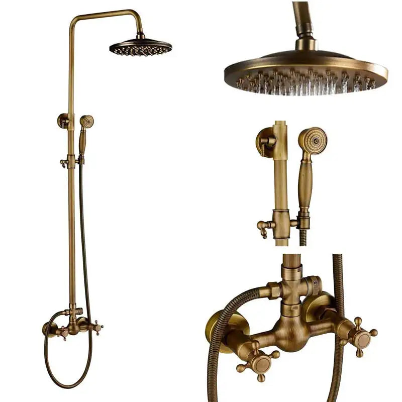 Rozin Antique Brass Shower Faucet Set Bathroom Shower Column with Shelf Rainfall Mixer Tap Handheld Shower Faucet