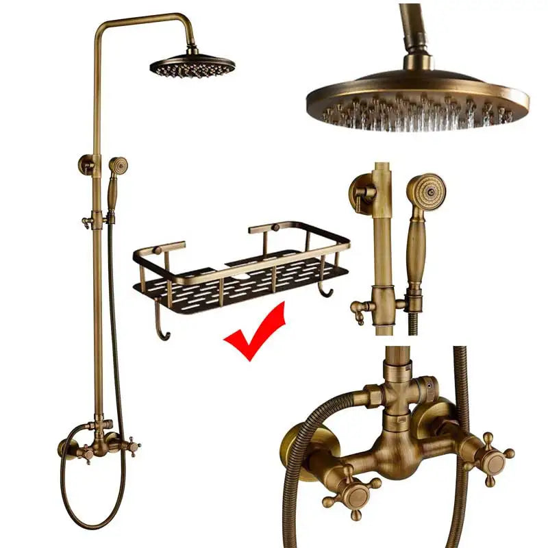 Rozin Antique Brass Shower Faucet Set Bathroom Shower Column with Shelf Rainfall Mixer Tap Handheld Shower Faucet