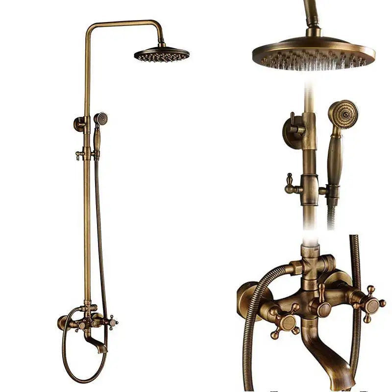Rozin Antique Brass Shower Faucet Set Bathroom Shower Column with Shelf Rainfall Hot Cold Water Mixer Tap Handheld Shower Faucet