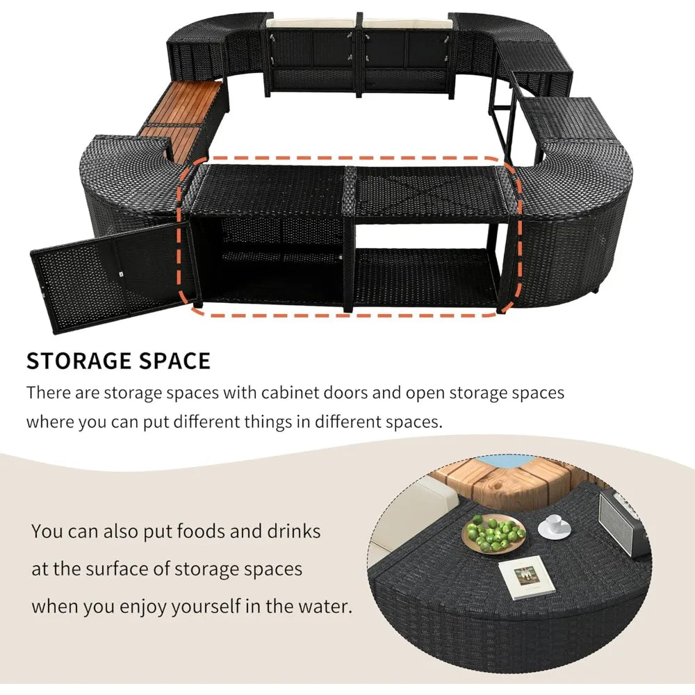 Patio Furniture Set, Spa Surround Outdoor Rattan Sofa Set with Wooden Seats and Storage Spaces, Quadrilateral Patio Sofa Set wit