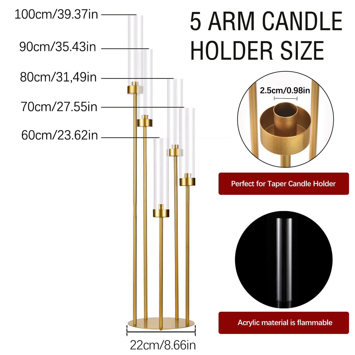 10PCS Gold Floor Candelabra 5 Arm Candle Holder Tall Floor Candle Holder with Acrylic Lampshade for Wedding Table and Birthday Party
