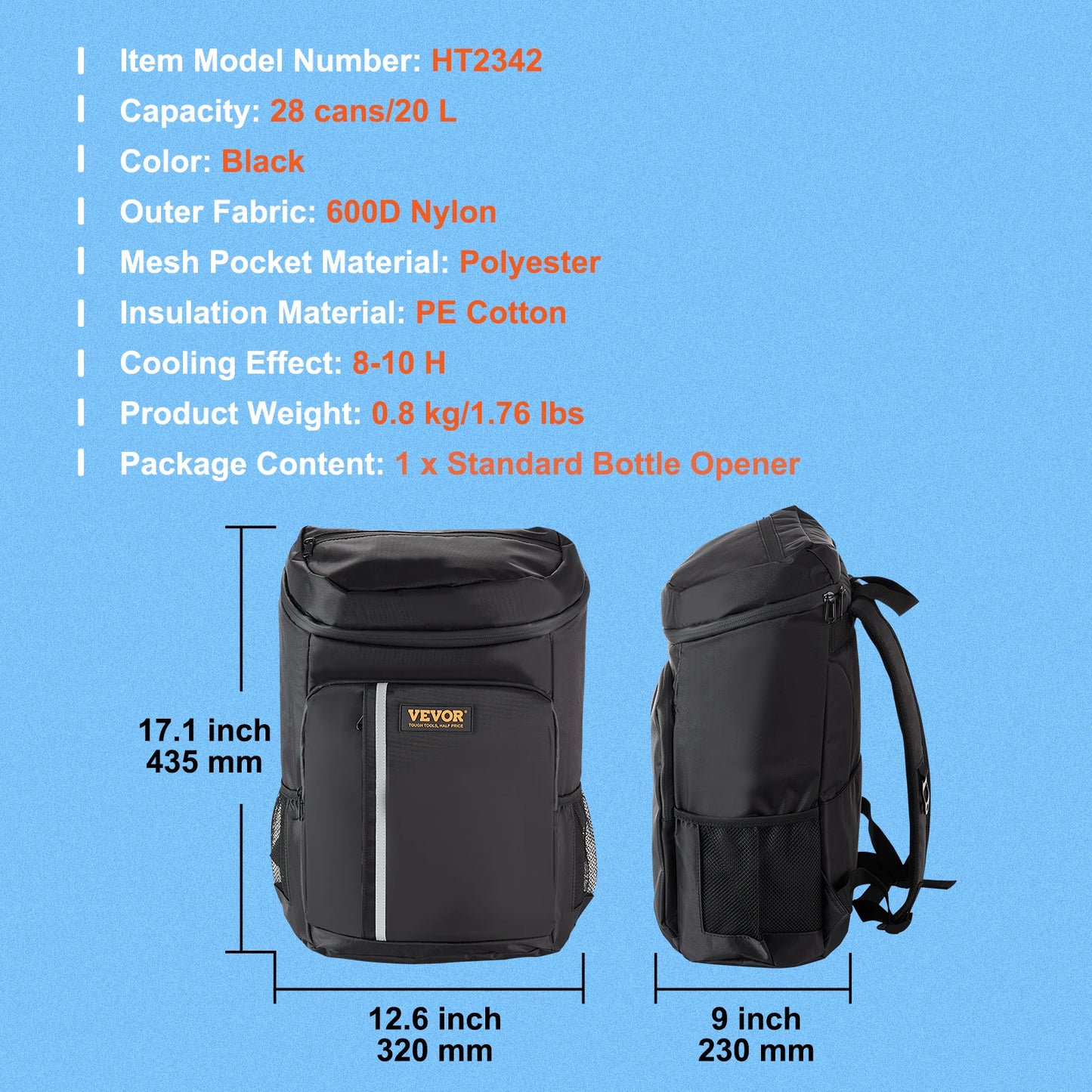 VEVOR 20L Refrigerator Bag Waterproof Cooler Backpack Large Capacity Thermal Isothermal Soft Insulated Cooler Bag for Outdoor