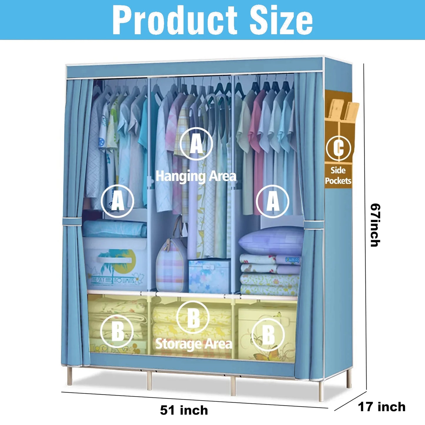 Closet Wardrobe Portable Organizer Storage Rack Clothes Shoe Clothing Shelf Dustproof Non-woven Fabric Quick and Easy to Assembl