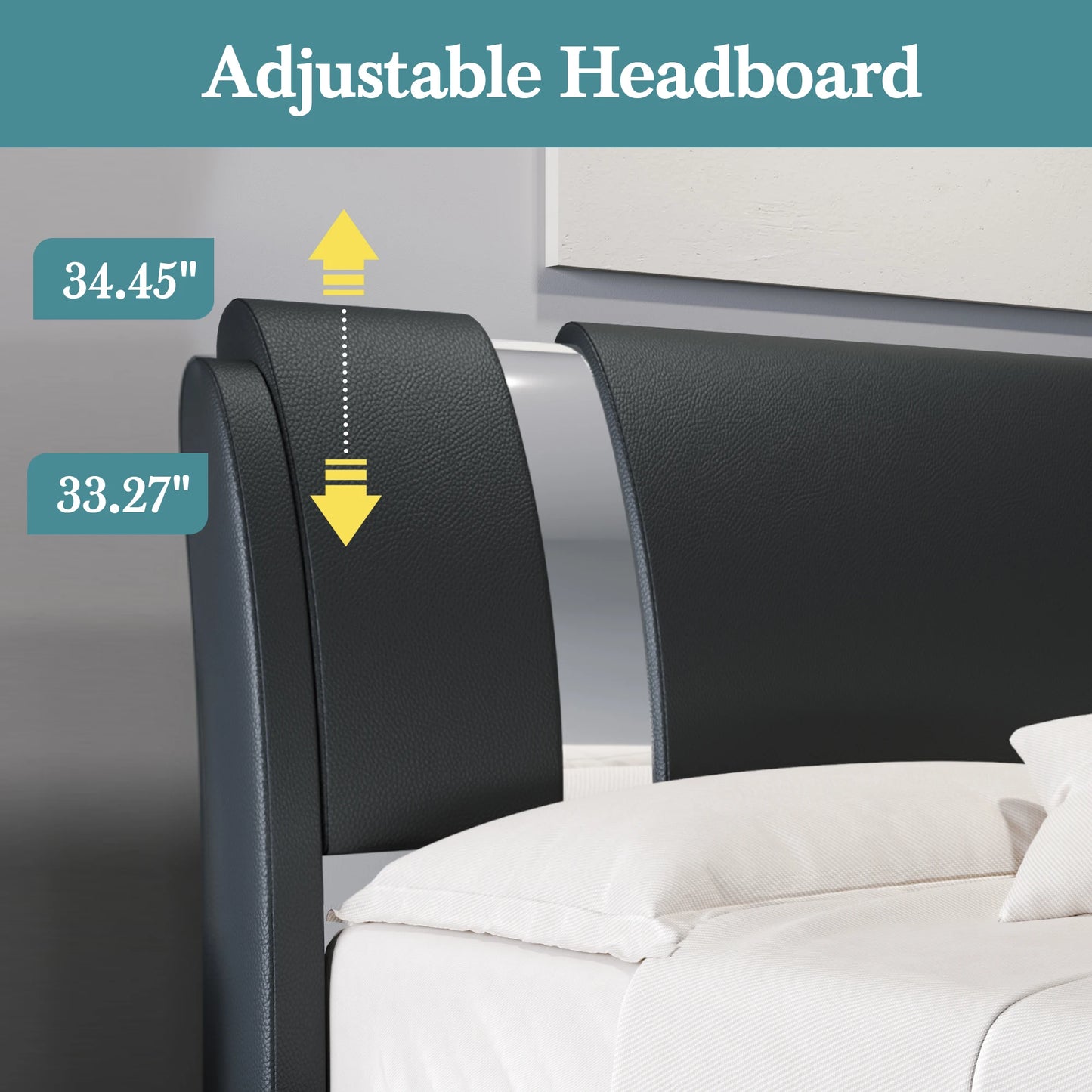 HOOMIC Modern Faux Leather Bed Frame with Iron Decor Low Profile Platform Bed Height Adjustable Headboard