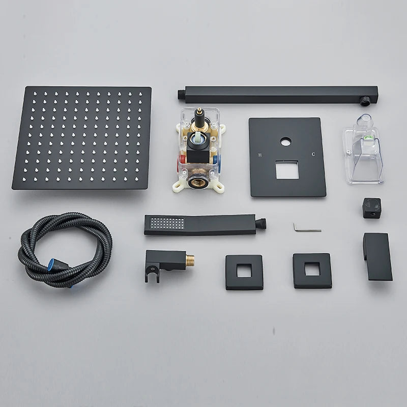 Black Concealed Shower System Rain Waterfall Bathroom Faucet Set with Tub Spout