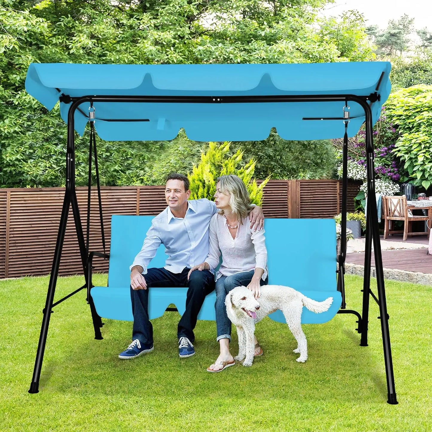 3-Seat Patio Swing Chair, Outdoor Porch Swing with Adjustable Canopy and Durable Steel Frame for Patio, Garden, Poolside(Nevy Bl