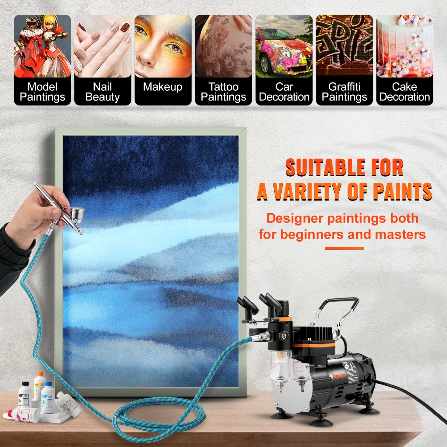 Vevor Professional Dual Action Airbrush Kit 120W Electric Spray Gun Painting Set for Art Nail Tattoo and Makeup