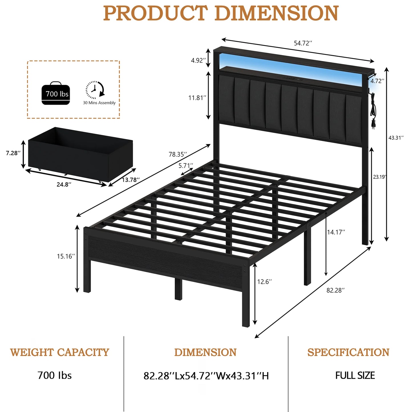 Satifur Full Bed Frames with Charging Station,LED Lights,2 Storage,Grey Upholstered Headboard with Shelves, Metal Platform Bed