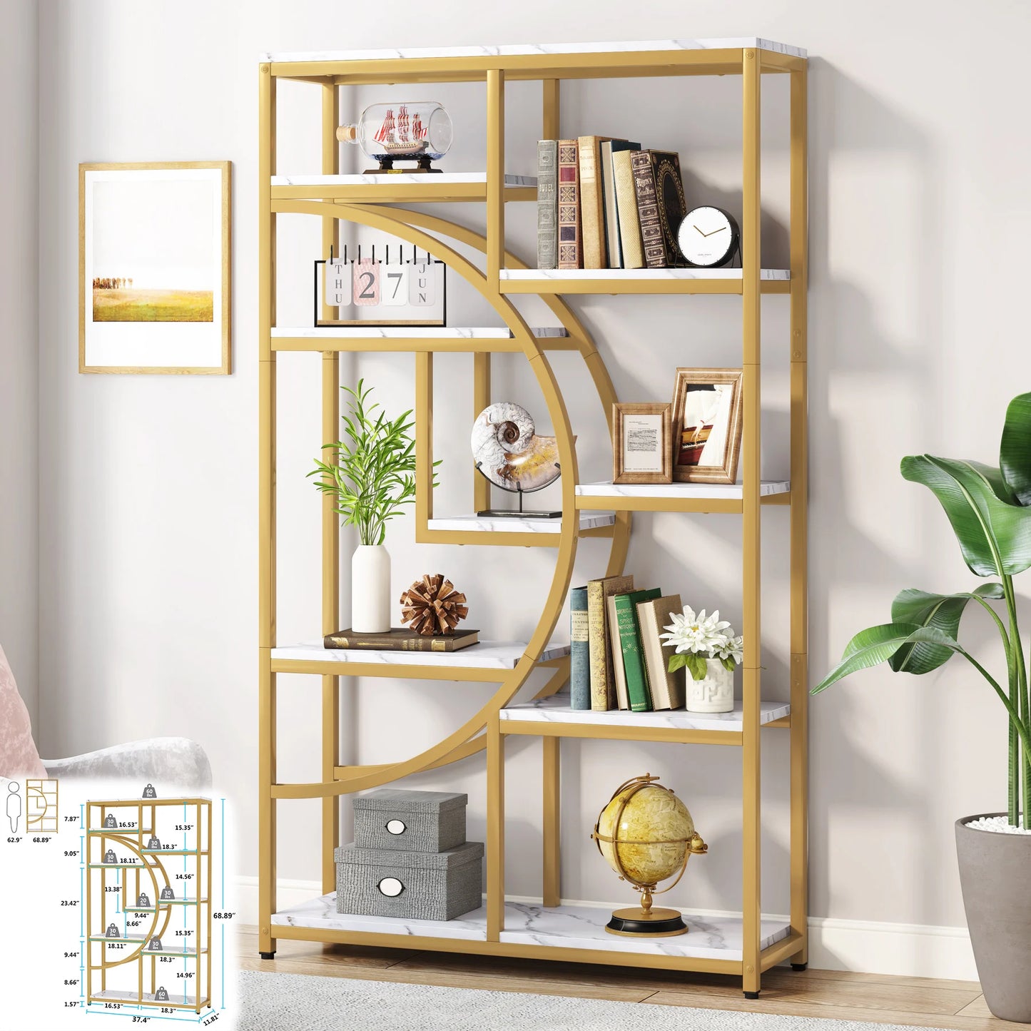 Tribesigns 5 Tier Etagere Bookcase Modern Gold Book Shelf Organizer Display Rack with 8 Open Storage Shelves