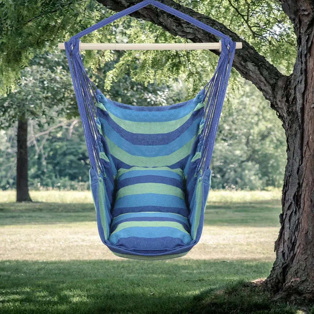 Stylish Blue Cotton Canvas Hanging Rope Chair with Cushions - Perfect for Indoor & Outdoor Relaxation