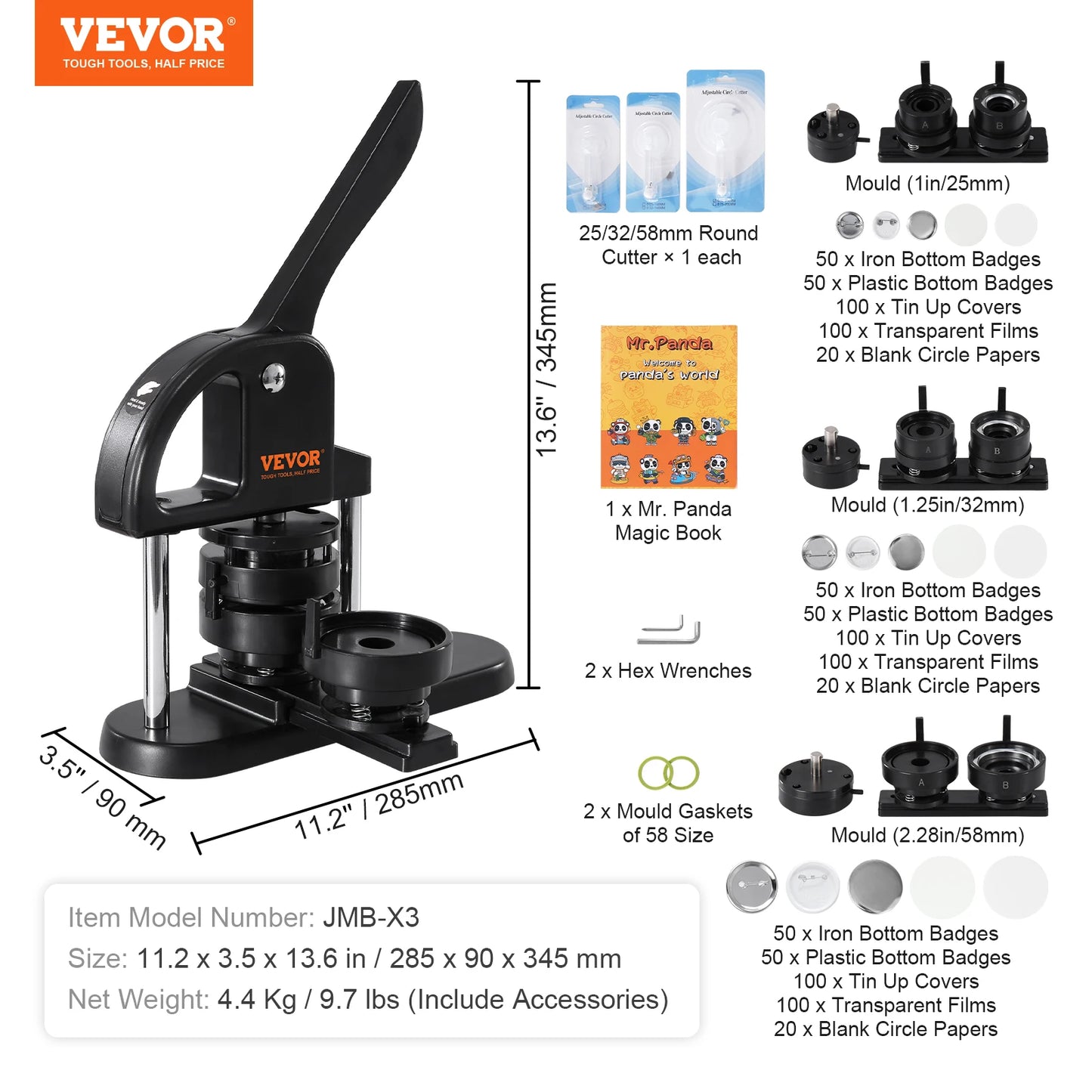 VEVOR Button Maker 25/32/58 Pin Maker with Button Parts Ergonomic Arc Handle Punch Press Kit Button Maker Machine