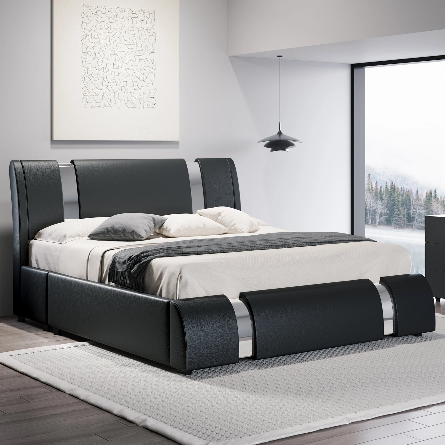 HOOMIC Modern Faux Leather Bed Frame with Iron Decor Low Profile Platform Bed Height Adjustable Headboard