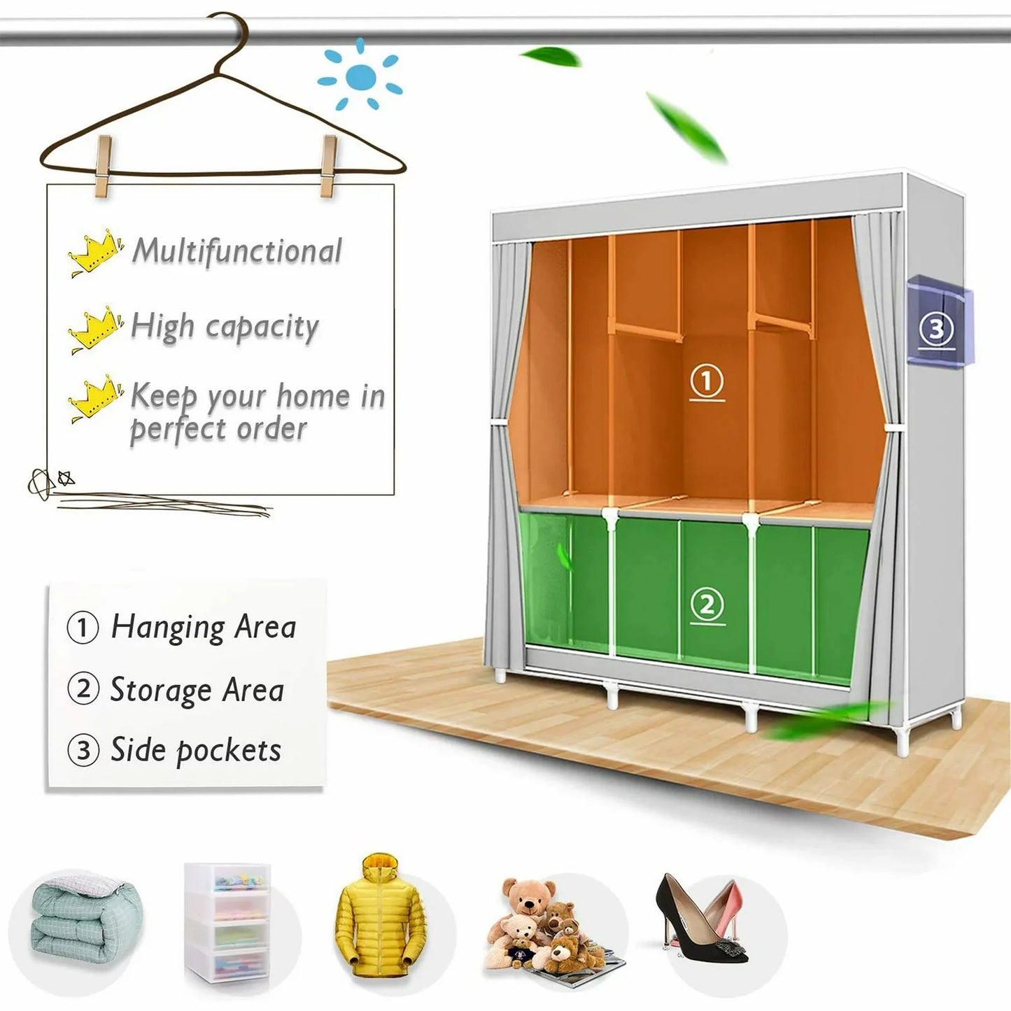 Closet Wardrobe Portable Organizer Storage Rack Clothes Shoe Clothing Shelf Dustproof Non-woven Fabric Quick and Easy to Assembl
