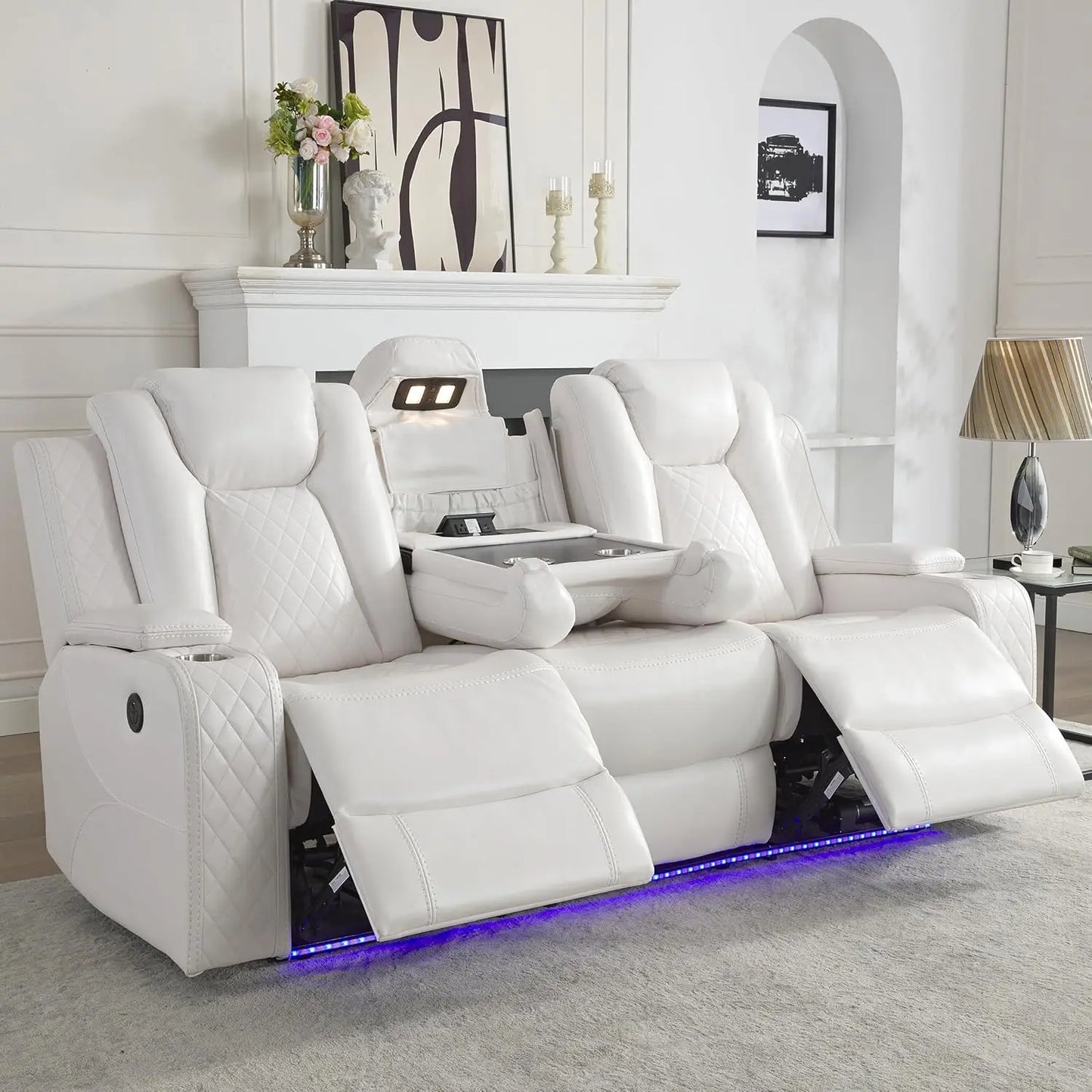 3 Seats Power Reclining Sofa with Wireless Charger LED Floor Lights Reading Light Drop Down Table USB Type C Port Model M070