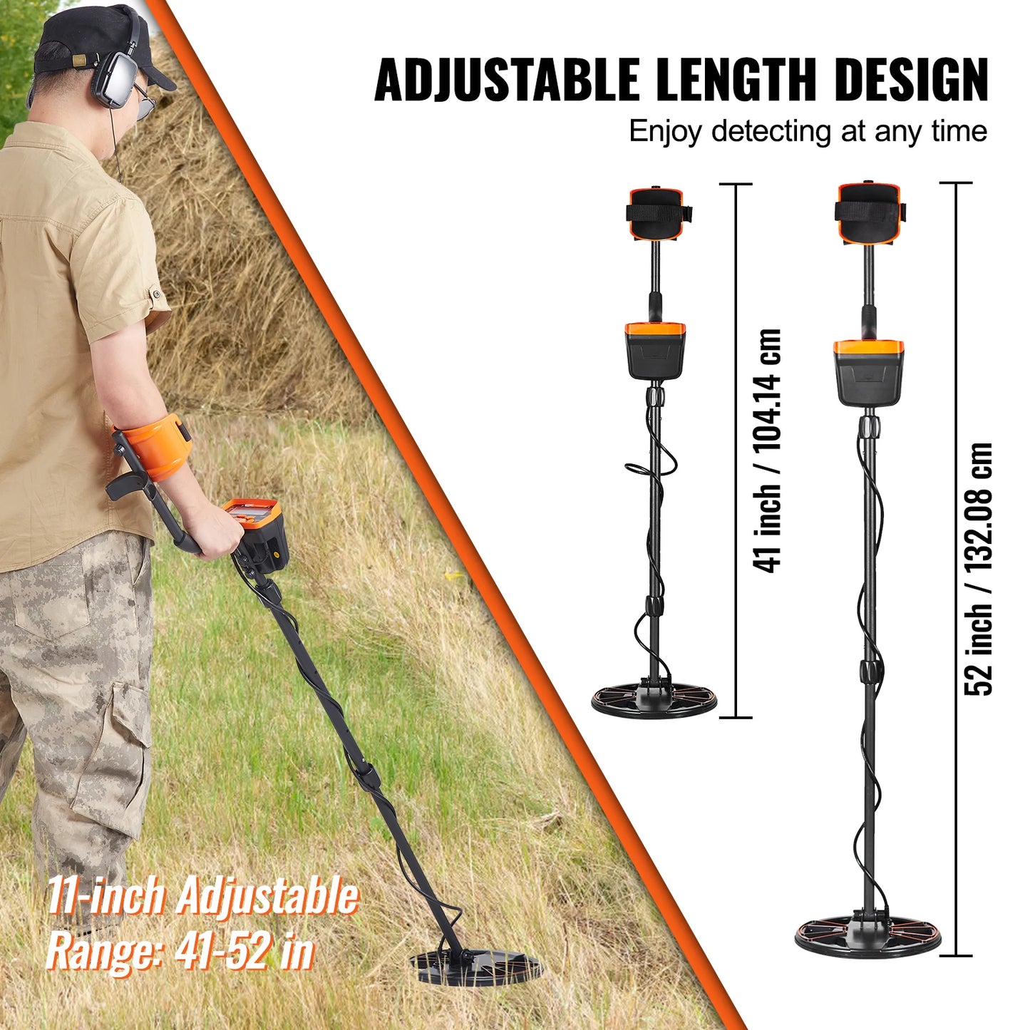 VEVOR Metal Detector for Adults and Kids 10 Inch Waterproof Search Coil with LCD Display 7 Modes Adjustable Aluminum Stem 41 to 52 Inches