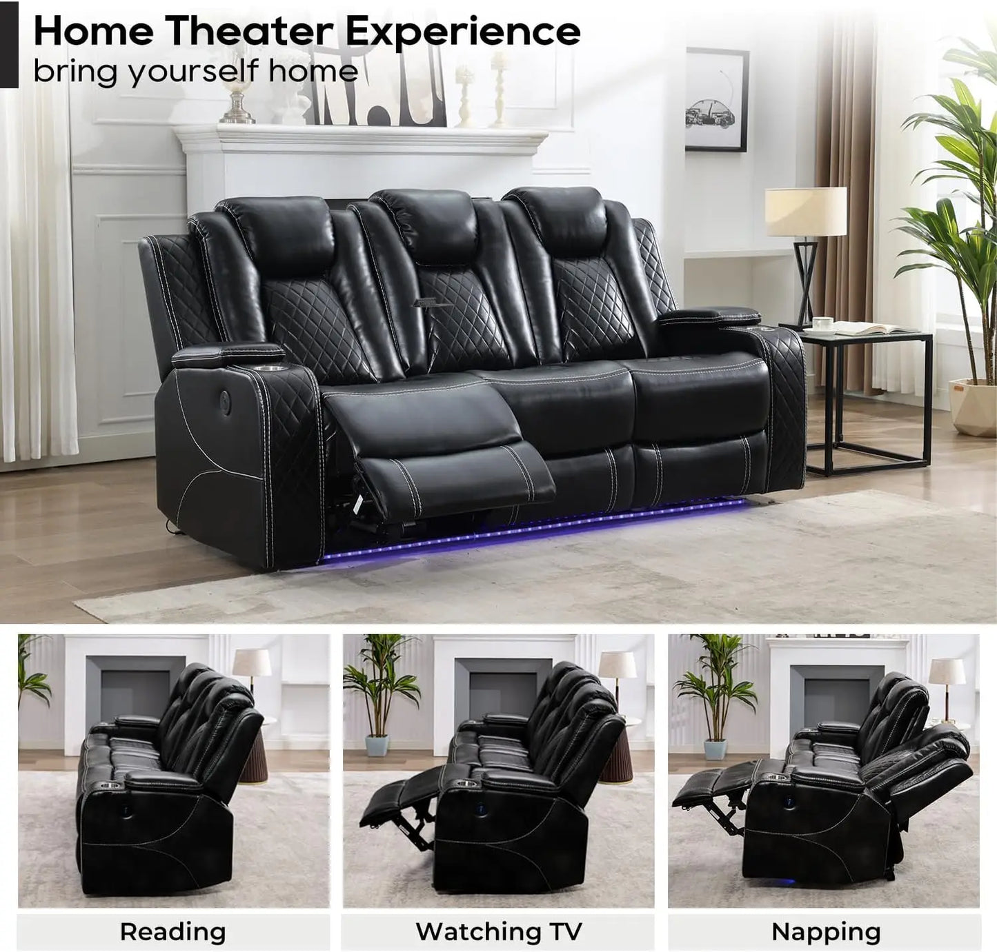 3 Seats Power Reclining Sofa with Wireless Charger LED Floor Lights Reading Light Drop Down Table USB Type C Port Model M070