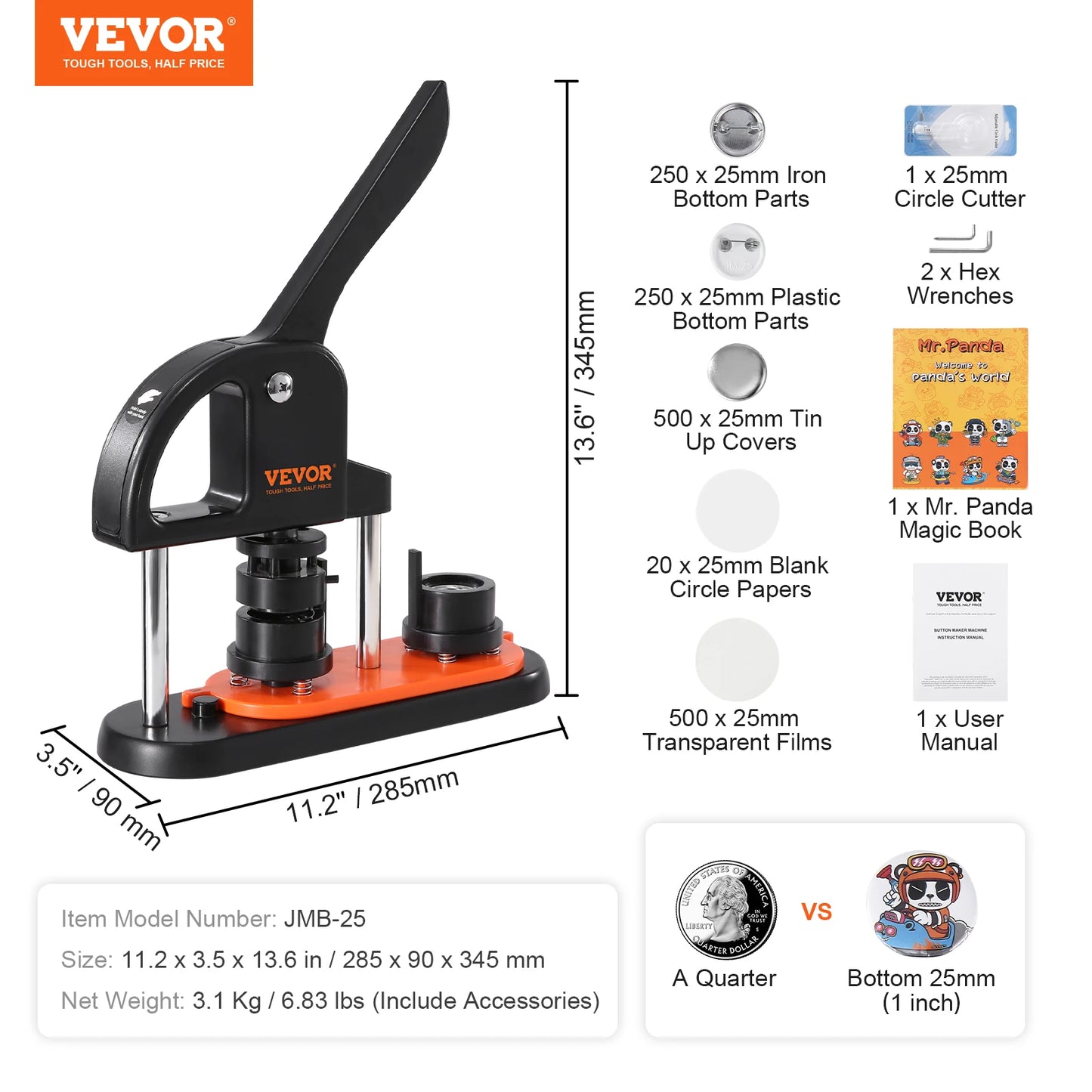 VEVOR Button Maker 25/32/58 Pin Maker with Button Parts Ergonomic Arc Handle Punch Press Kit Button Maker Machine