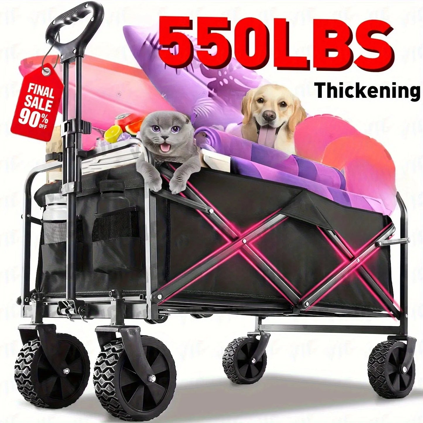 Collapsible Folding Beach Wagon Cart, Utility Large Capacity Cart Foldable Wagon with All Terrain Wheels, Grocery Wagon Cart