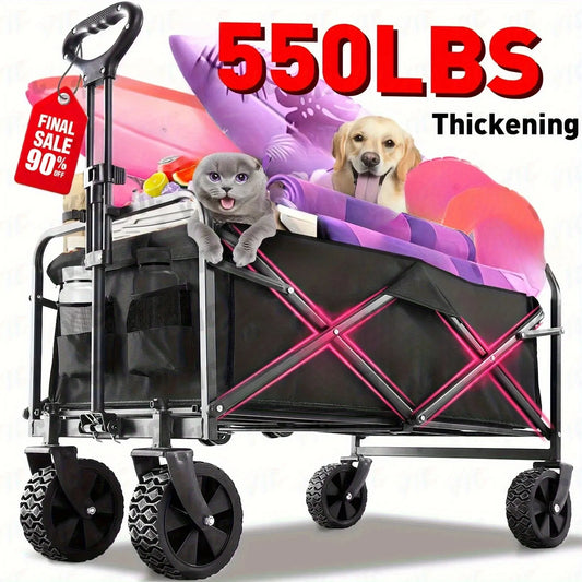 Collapsible Folding Beach Wagon Cart, Utility Large Capacity Cart Foldable Wagon with All Terrain Wheels, Grocery Wagon Cart