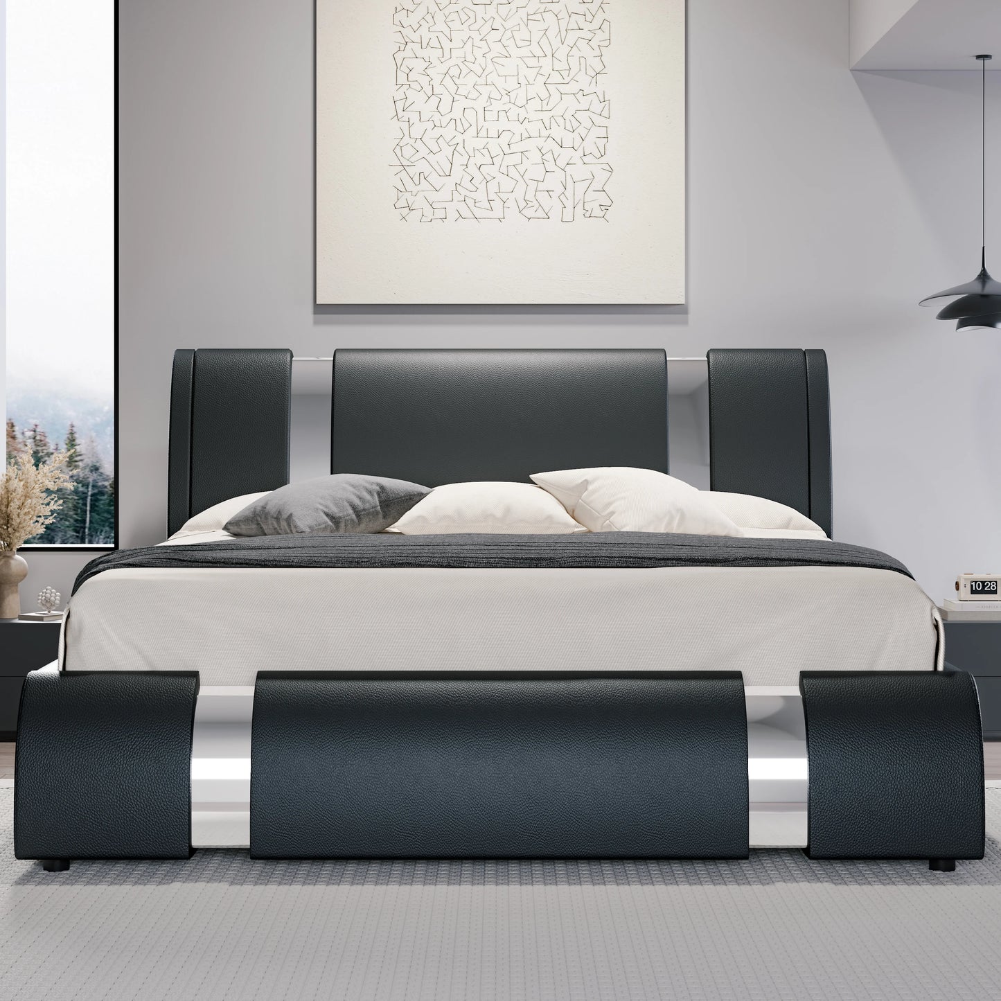 HOOMIC Modern Faux Leather Bed Frame with Iron Decor Low Profile Platform Bed Height Adjustable Headboard