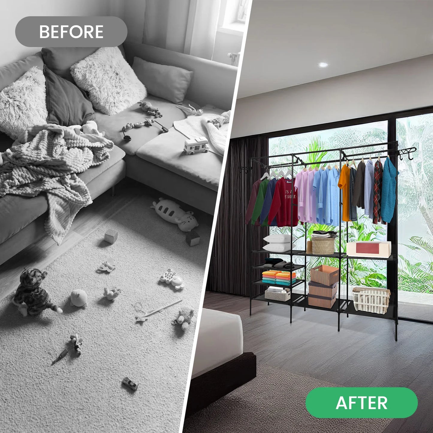 Garment Rack Shoe Clothing Organizer System Shelves Freestanding Multifunctional Clothes Wardrobe Metal Black