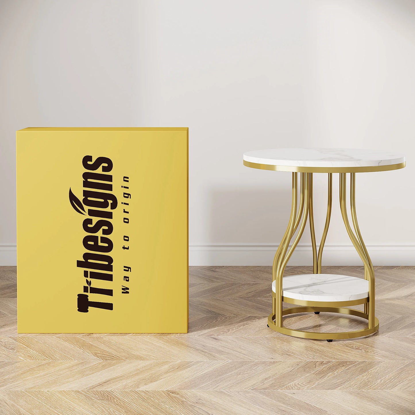 Tribesigns Round Side Table White Gold End Table 2-Tier Modern Bedside Table Small Side Table with Storage for Couch