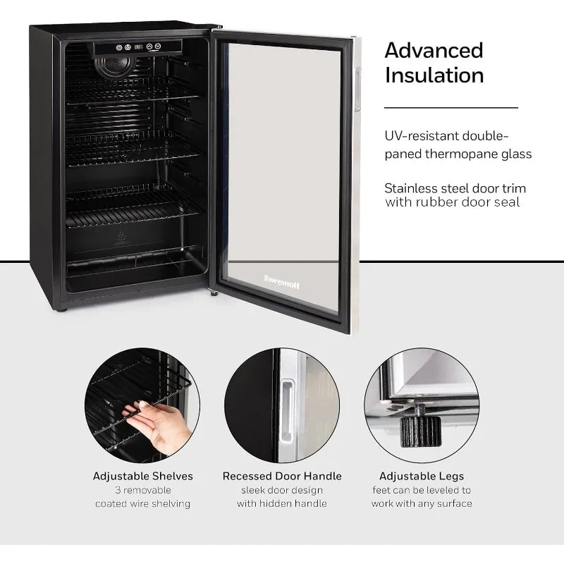 Honeywell Beverage Refrigerator and Cooler, 115 Can Mini Fridge with Glass Door for Soda Beer or Wine for Office or Bar