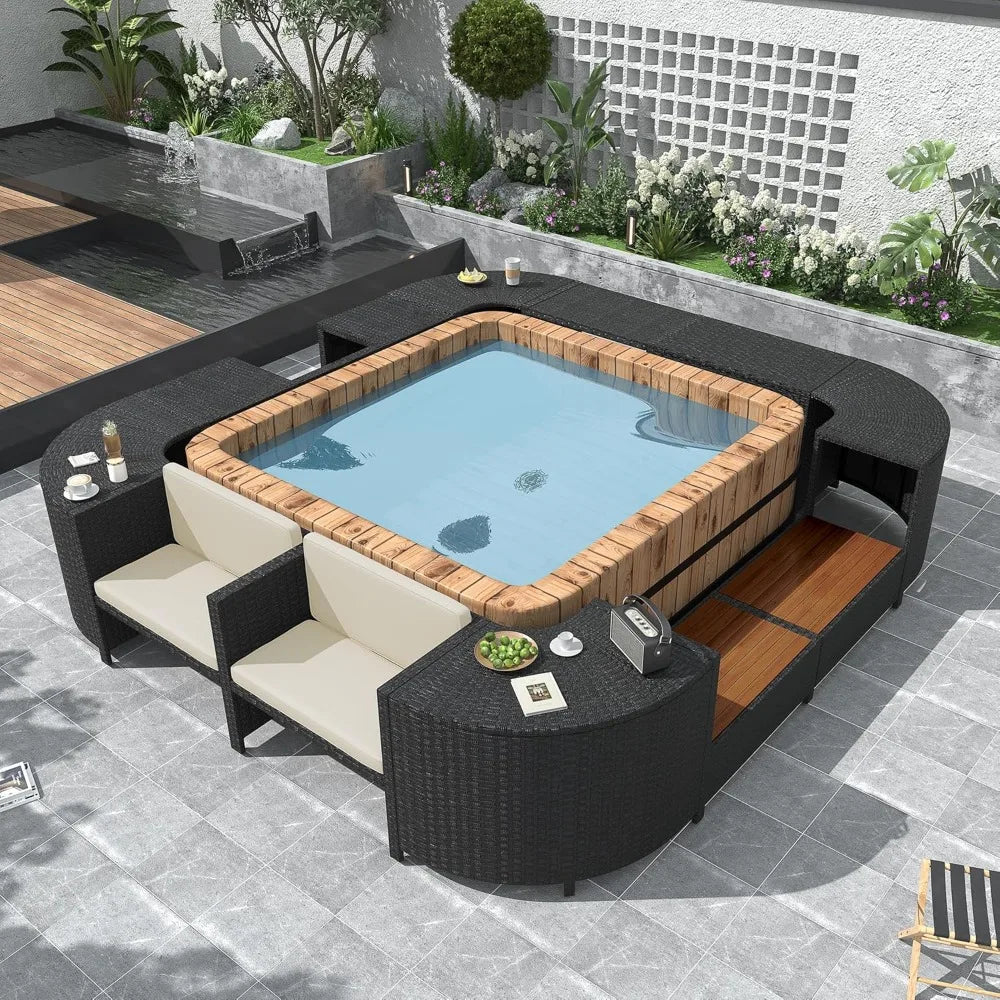 Patio Furniture Set, Spa Surround Outdoor Rattan Sofa Set with Wooden Seats and Storage Spaces, Quadrilateral Patio Sofa Set wit