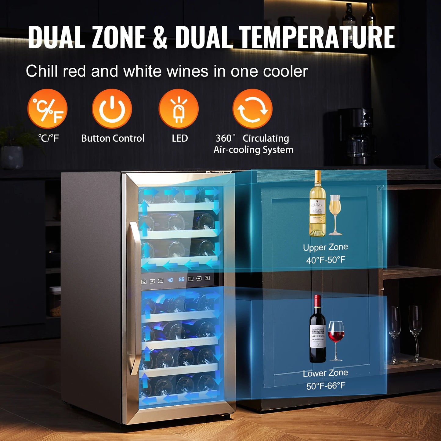 Succebuy Wine Cooler Dual Zone &Dual Temperature Wine Fridge Freestanding Refrigerator with Circulating Air-cooling for Home Bar