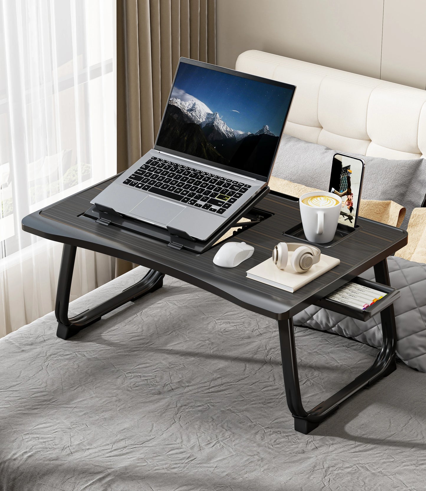 Foldable Laptop Bed Desk] Portable Adjustable Height Foldable Laptop Bed Desk with Wooden Surface - Storage Slots & Drawers for
