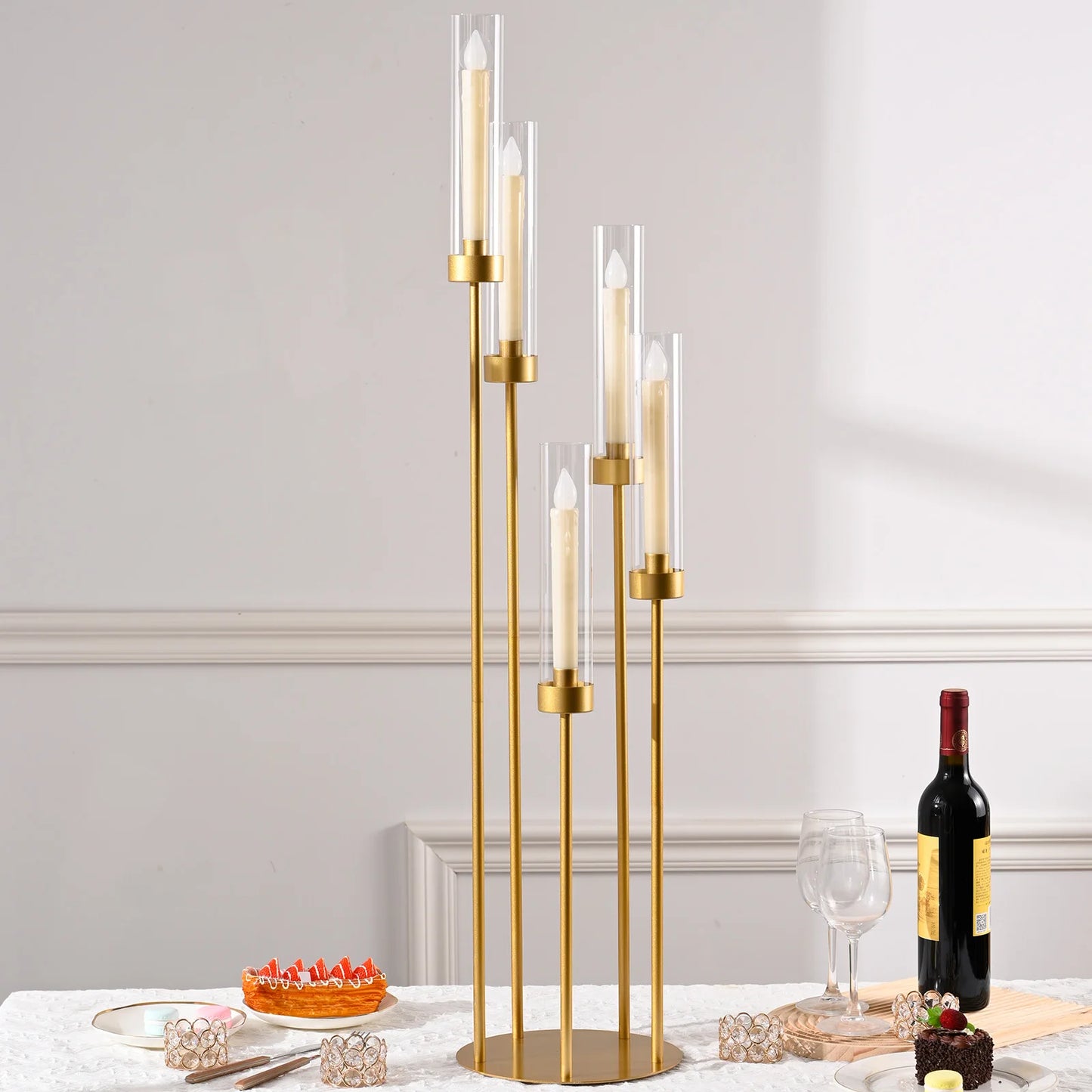 10PCS Gold Floor Candelabra 5 Arm Candle Holder Tall Floor Candle Holder with Acrylic Lampshade for Wedding Table and Birthday Party