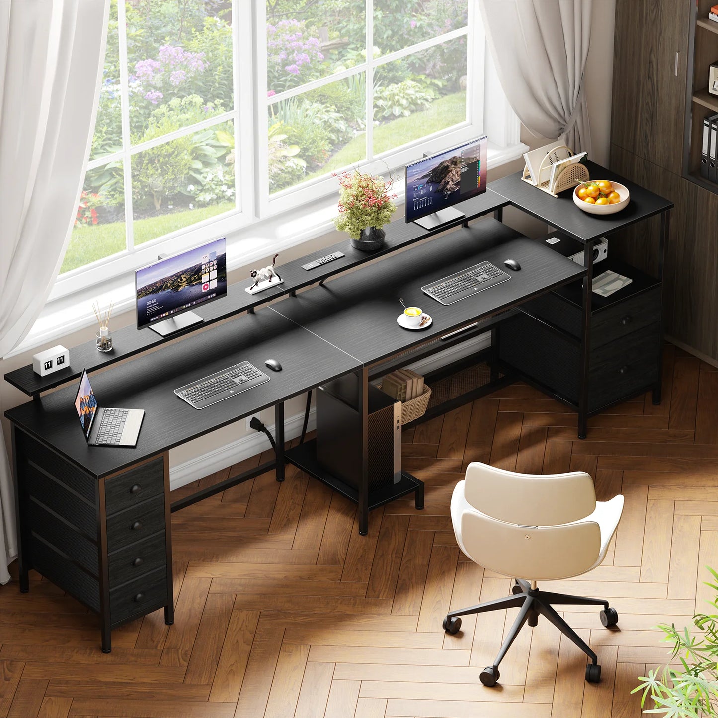 Satifur 67 inch Office Desk With Power Sockets and LED Lights, 2 Monitor Stands and 6 Adjustable Storage Drawers, Gaming Desk