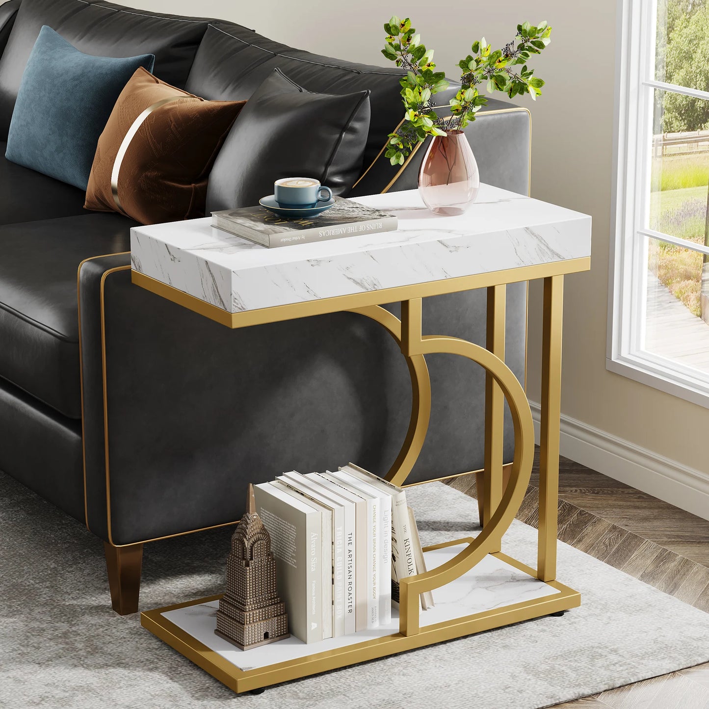 Tribesigns Narrow Side Table White Gold Side Table C Shaped End Table Modern Bedside Table Small Side Table for Couch