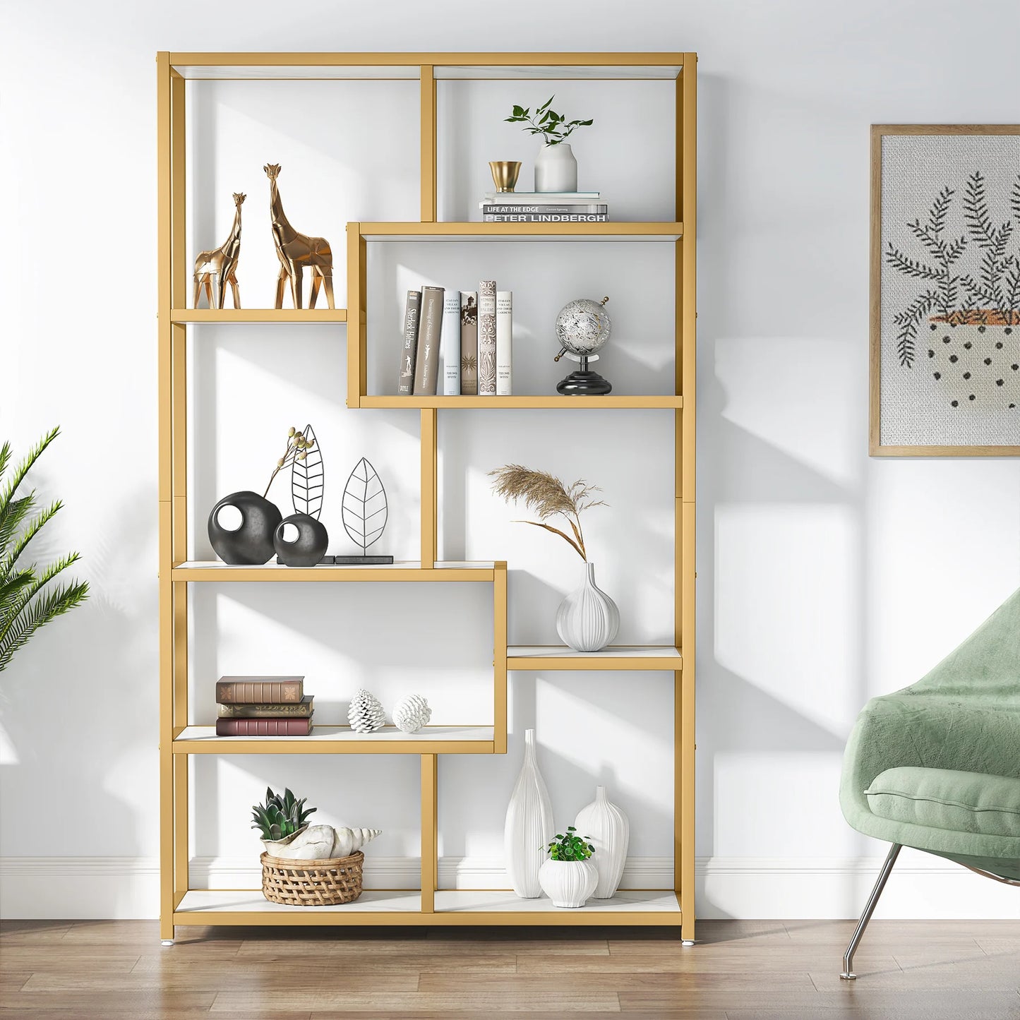 Tribesigns 5 Tier Etagere Bookcase Modern Gold Book Shelf Organizer Display Rack with 8 Open Storage Shelves