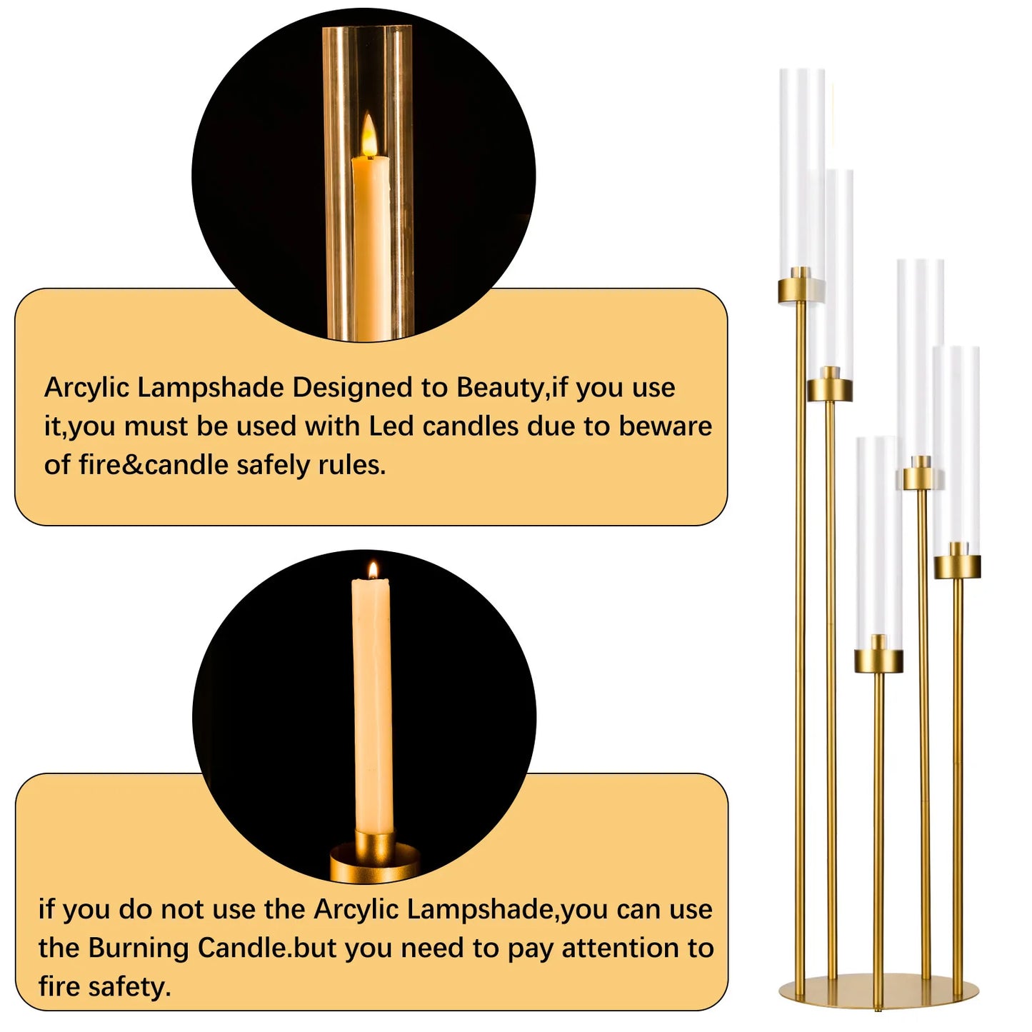 10PCS Gold Floor Candelabra 5 Arm Candle Holder Tall Floor Candle Holder with Acrylic Lampshade for Wedding Table and Birthday Party