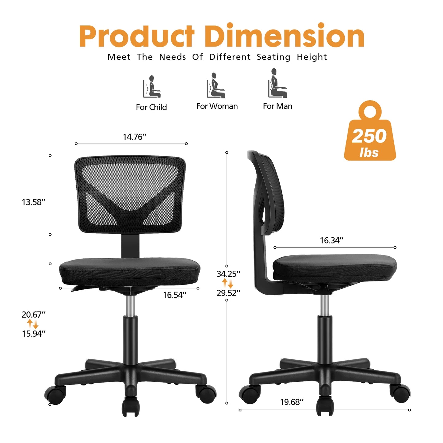 JHK Mesh Armless Office Chair with Lumbar Support Adjustable Height 360 Degree Rolling Swivel Computer Chair